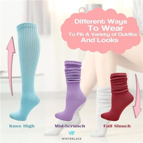 6 Pairs Slouch Socks for Women, Soft Extra Long Scrunch Knee High - Picture 9 of 14